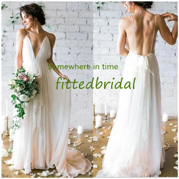 

exquisite ruffles v neck chiffon wedding dresses custom made plus size sweep train backless bridal gowns, White