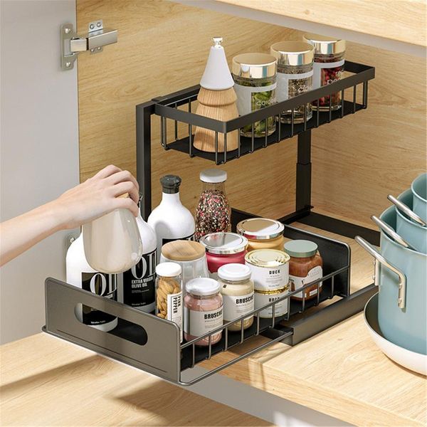 Ganci Binari Livello sotto il lavello Portaoggetti Cesto scorrevole Armadietto Controsoffitto Estraibile Cassetto portaspezie Ripiano in cucina Bagno Gancio nero