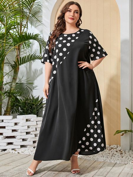 

plus polka dot print keyhole back dress r23g#, Black