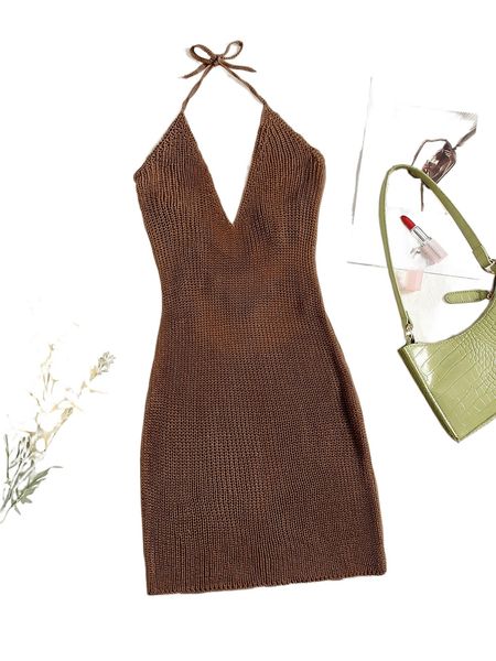 

plus knitted backless halter cover up dress 386z#, Black