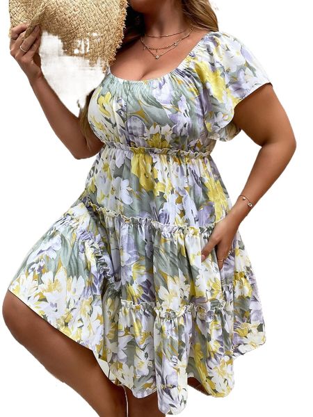 

plus allover floral print frilled dress q5te#, Black