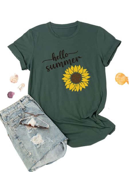 

plus sunflower & slogan graphic tee g6g6#, Black