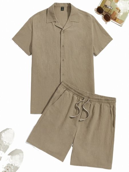 

men solid lapel shirt & drawstring waist shorts g8i2#, Gray