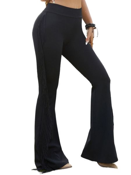 

fringe trim flare leg pants x3qk#, Black;white