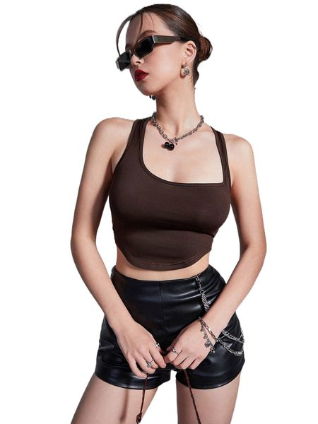 

asymmetrical neck curved hem crop u4hp#, White