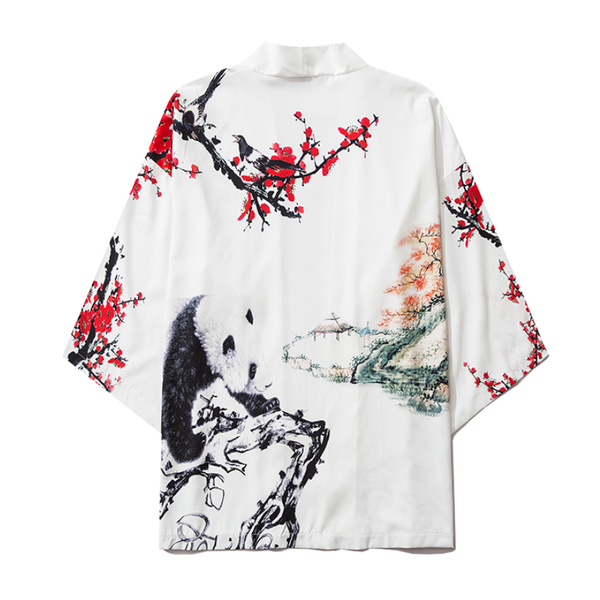 

japanese harajuku streetwear kawaii panda tradition fashion yukata flowers print kimono shirt casual women cardigan beach top, Red