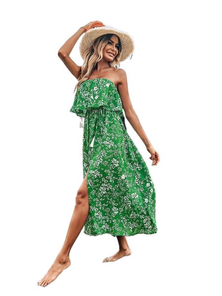 

allover floral print split thigh tie front dress o3k7#, Black;gray