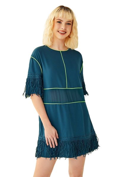 

x liyun x drop shoulder contrast binding fringe trim dress e3mm#, Black;gray