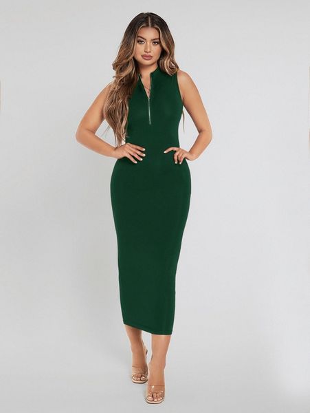

solid quarter zip tank dress s5g0#, Black;gray