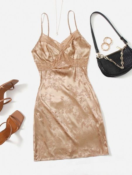 

lace trim jacquard satin cami dress r7ev#, Black;gray