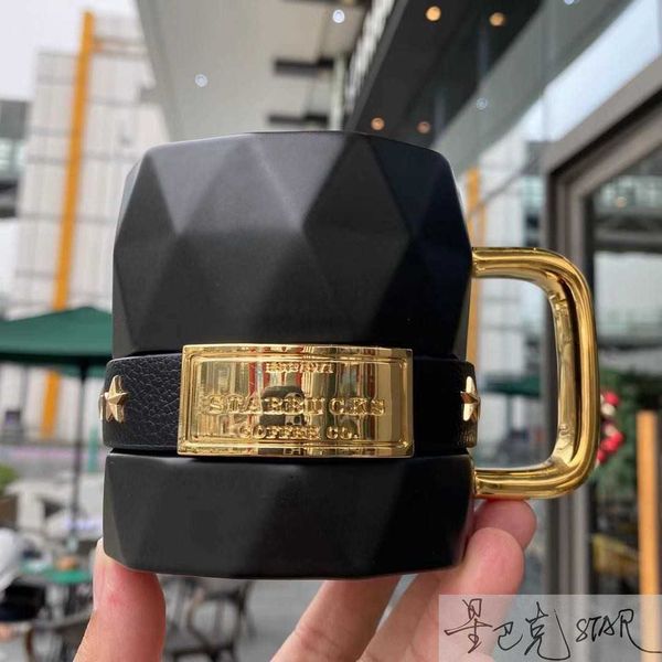 

starbucks cup tanabata valentine's day gift classic black gold ribbed mug fashion cup ring handle water cup