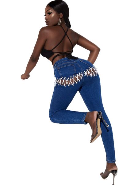 

sxy high waisted light wash lace up back jeans u2su#, Blue
