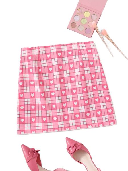 

plaid & heart print zip side skirt w7uc#, Black