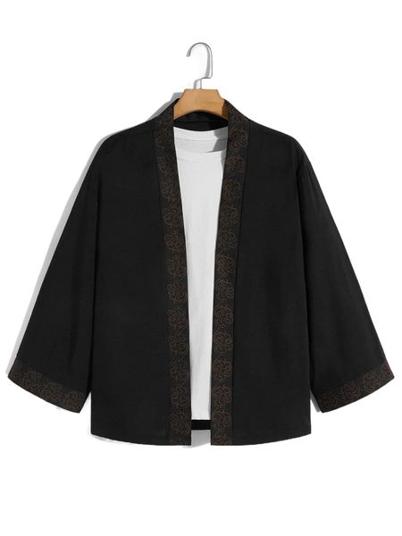 

men contrast trim open front kimono without tee o2w6#, White;black
