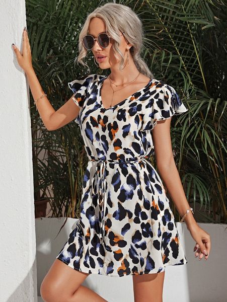 

v-neck ruffle armhole belted dress v3ns#, Black;gray