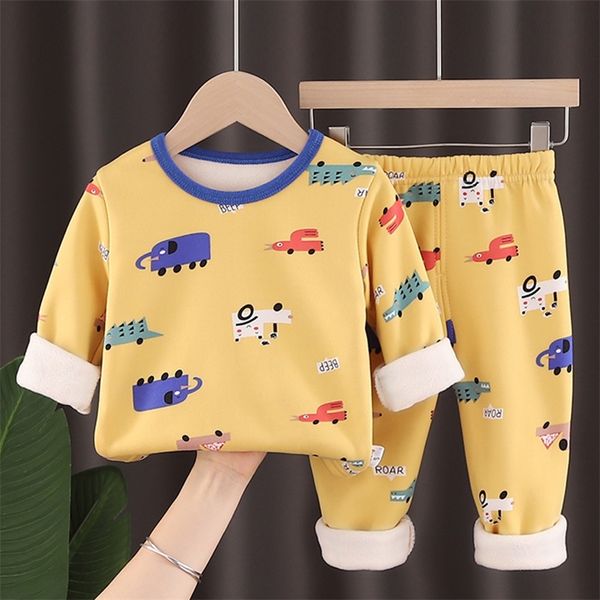 

winter kids clothing sets warm fleece pajamas for boys girls thicken children dinosaur sleepwear baby thermal underwear pyjamas 220809, Blue;red