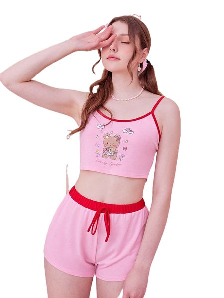 

kawaii bear contrast binding pj set 89sj#, Black;red