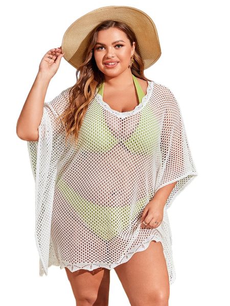 

plus hollow out batwing sleeve cover up dress without bikini b1zl#, Black