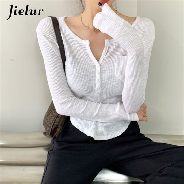 

jielur tshirt manches longues et col en v pour femme slim et avec boutons de poche la mode 220811, White