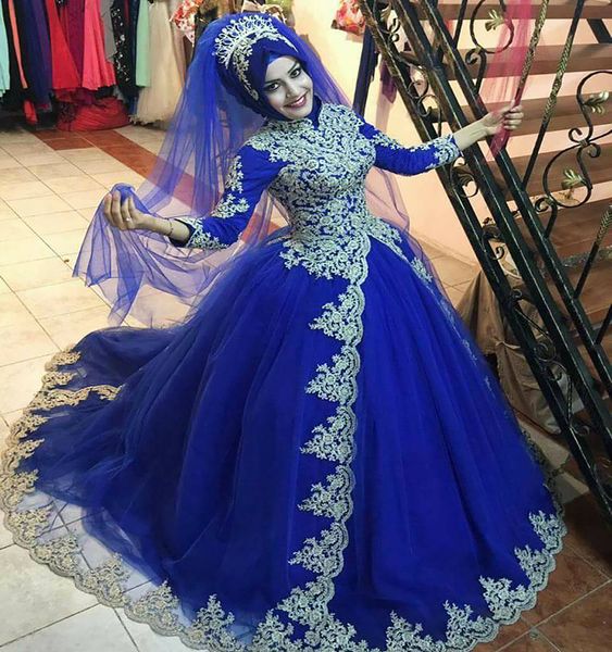 Elegante abito da sposa musulmano blu reale 2022 MANSEVE LUNGA LUCA ARABICA DUBAI Chiesa da sposa Abiti da sposa Appliques Robe De Mariage Reception Engagement Vestitido Noia