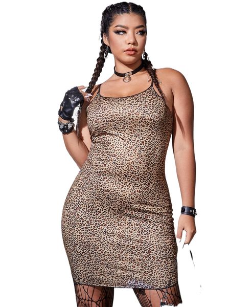 

plus leopard print bodycon dress f1s7#, Black