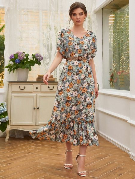 

floral print v-neck batwing sleeve ruffle hem belted dress f7vw#, Black;gray