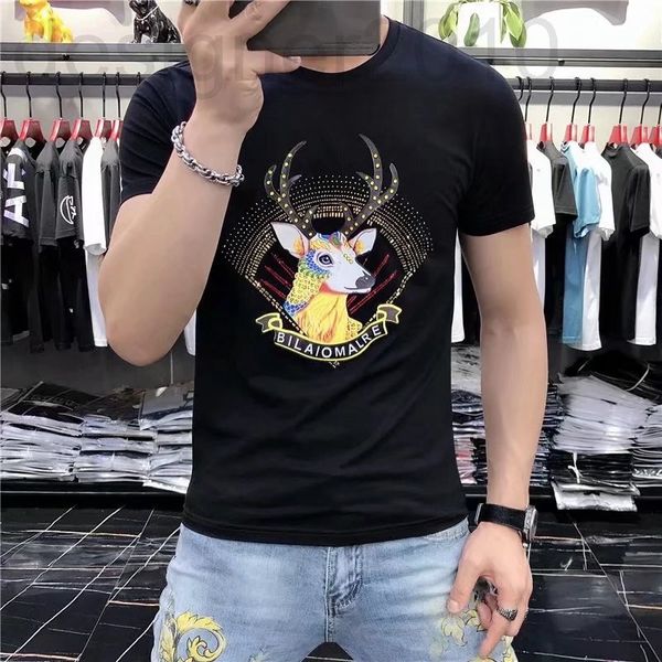 

men's t-shirts designer summer new fashion brand drill short sleeve men's t-shirt slim round neck pullover half 294o, White;black