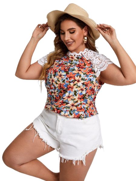 

plus floral print contrast guipure lace raglan sleeve blouse u4iw#, Black