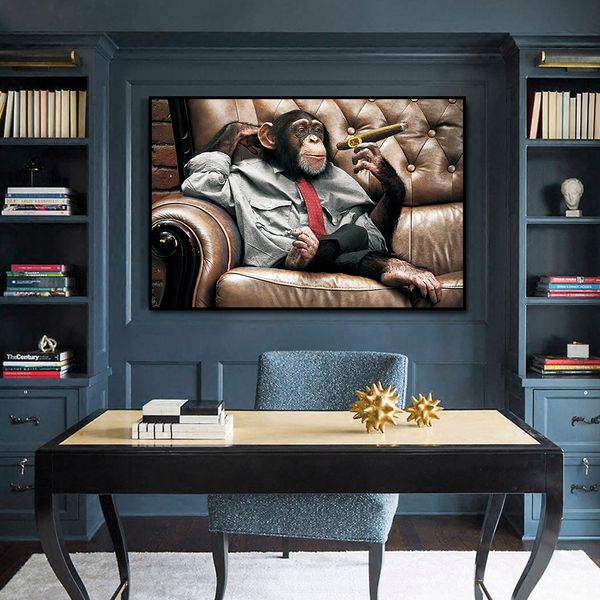 Gorilla sul divano che fuma pittura su tela animale scimmia poster e stampe immagine da parete per soggiorno decorazioni per la casa