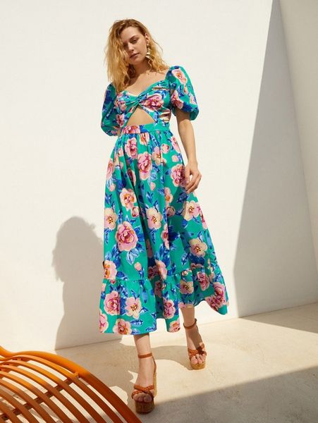 

floral print puff sleeve twist cut out ruffle hem dress p1e8#, Black;gray