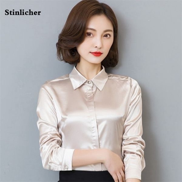 

stinlicher satin silk shirt women spring autumn long sleeve elegant work wear korean fashion white blue black blouse shirt 210308