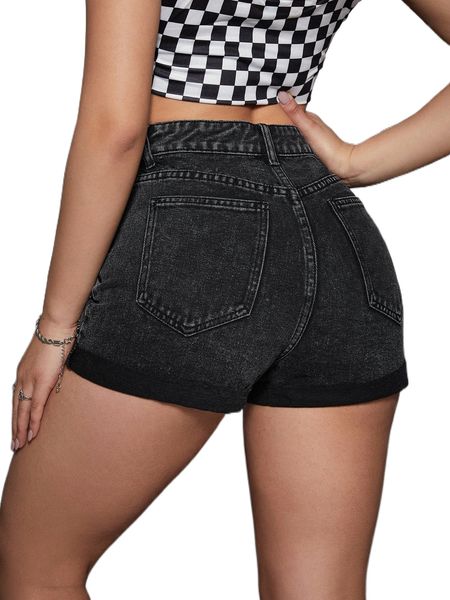 

high waist roll up hem denim shorts 151y#, White;black