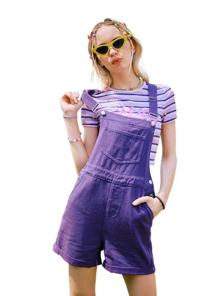 

romwe y2k revival solid pocket cuffed denim overall j1mf#, Black;white