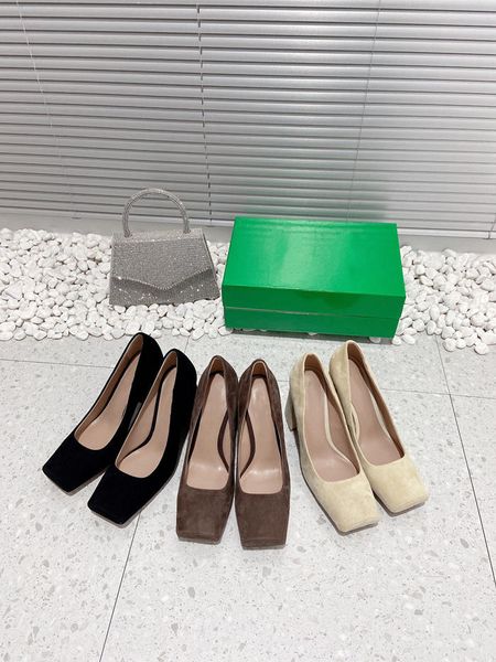 

2022 new leather women's shoes shallow mouth square toe thick heel mules black sheepskin temperament high heels