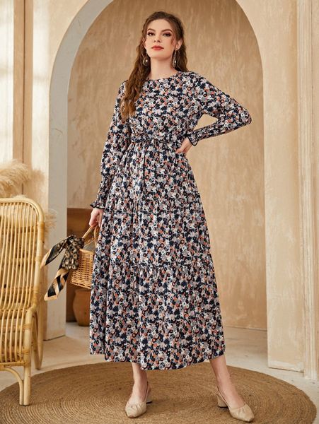 

floral print shirred cuff ruffle hem belted dress d56j#, Black;gray