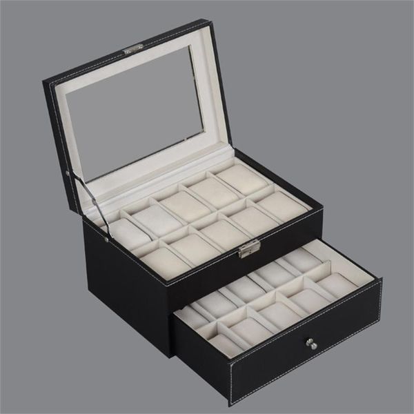 Caixas de assistência caixas profissionais 20 grades titular de armazenamento de caixa dupla camadas PU relógios de couro de case de jóias organizador de jóias