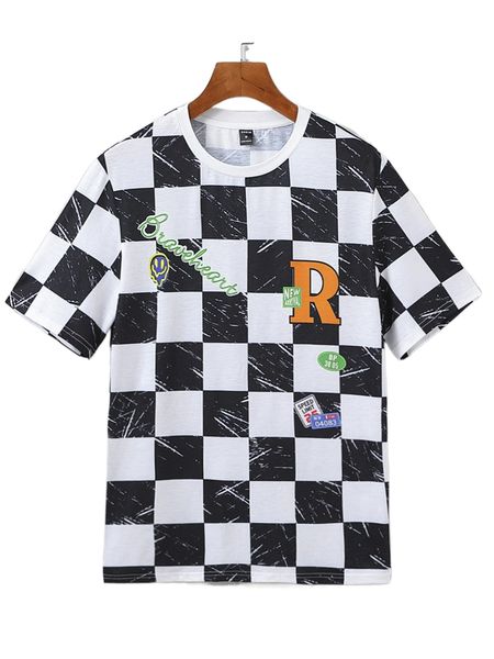 

men checkered & letter graphic tee o8j5#, White;black