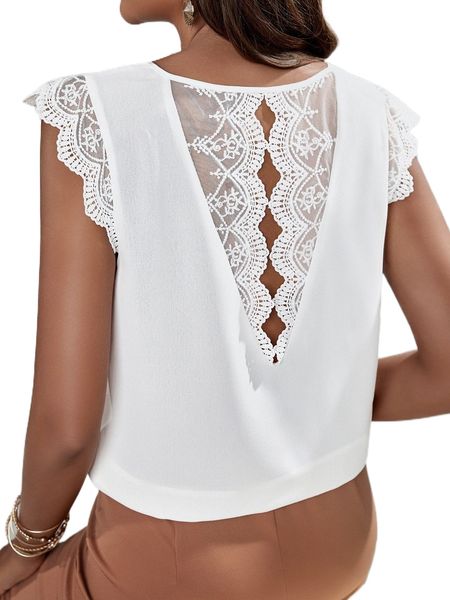 

contrast embroidery mesh scallop trim blouse j2kb#, White