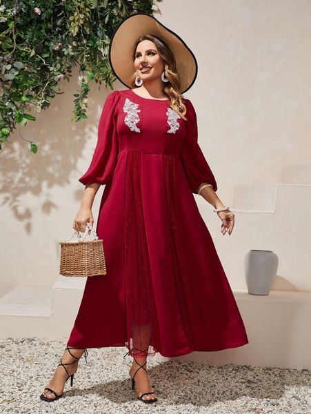 

plus appliques bishop sleeve dress u69q#, Black