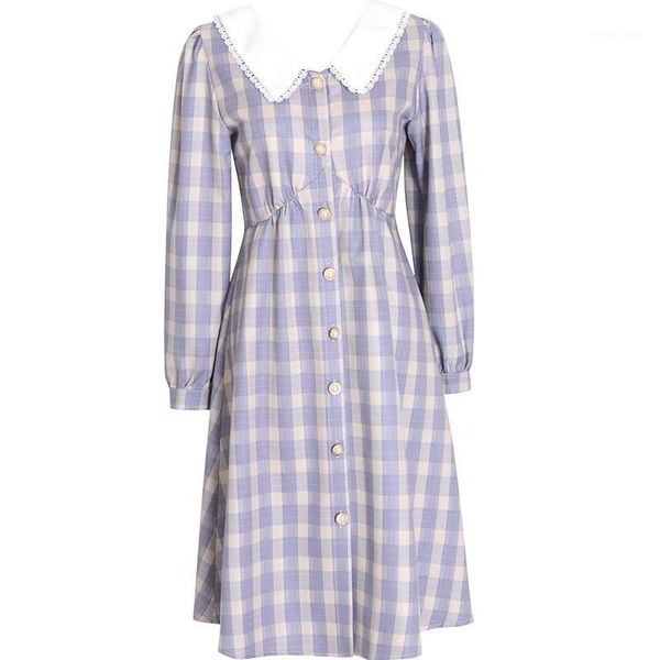 Gitter Spleißen Pastell Mini Kleid Frauen Frühling Herbst Stil Vestidos Trendy A-line Langarm College Robe Casual Kleider