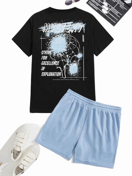 

men slogan graphic tee & drawstring waist track shorts b6zo#, Gray