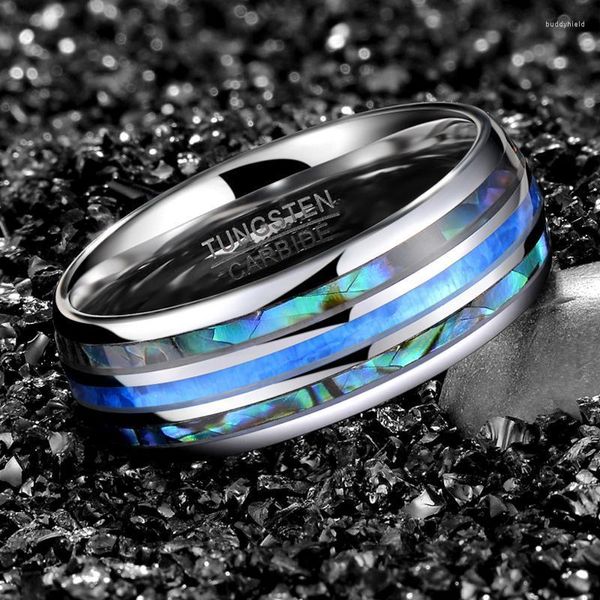 Anéis de casamento Tigrado de 8mm de luxo de tungstênio anel de carboneto homem azul opala embutido homens homens de noivado baguea homme anillo hombre size15