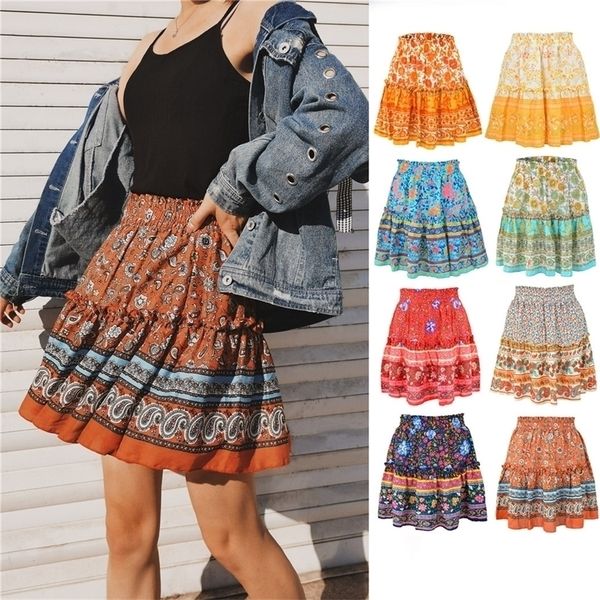 

bohemia women fashion high waist frills skirt for women chiffon halflength printed beach a short mini skirts 220526, Black