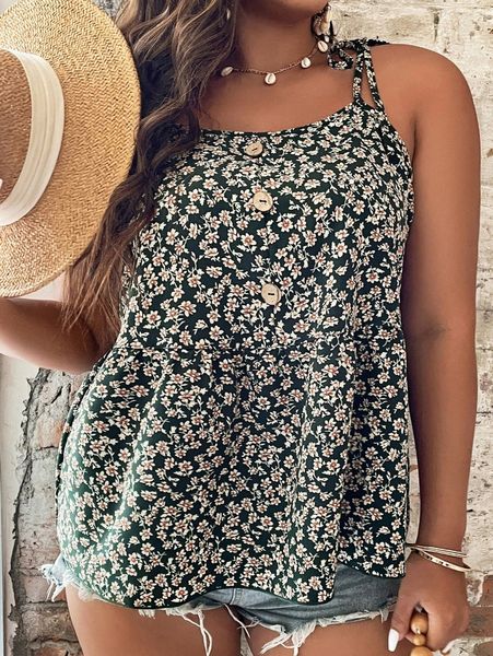 

plus ditsy floral print tie shoulder peplum cami n3oe#, Black