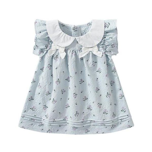 Abiti da ragazza Estate Bambini Neonate Vestito Colletto da bambola stampato fresco Cotone blu a quadri senza maniche Stampa bowknot 0-4 anniRagazza