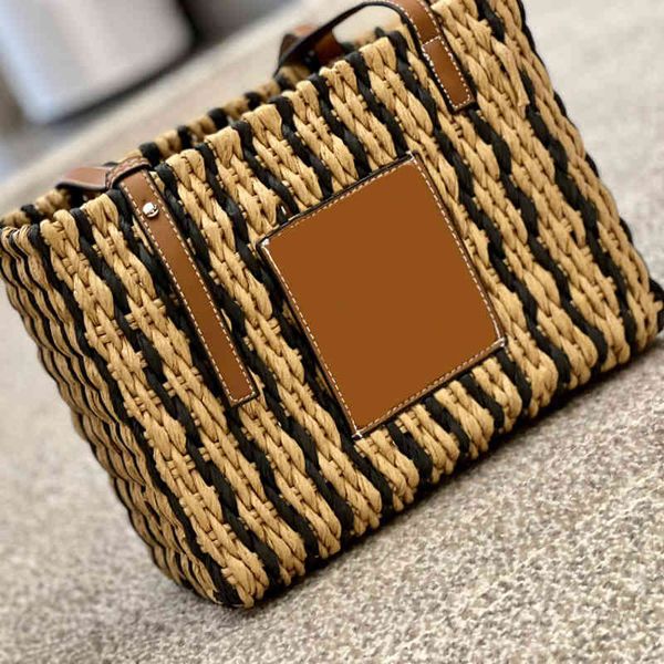 

luxury colorblock straw basket tote women shoulder bag handbag leather designer crossbody female beach bucket 220125