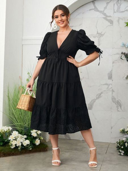 

plus tie front eyelet embroidered hem dress 26n7#, Black