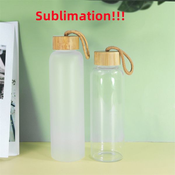 Bottiglia d'acqua per sublimazione da 500 ml con coperchi in bambù Bottiglia per succo di vetro trasparente smerigliato Bicchiere da viaggio per sublimazione in bianco trasparente