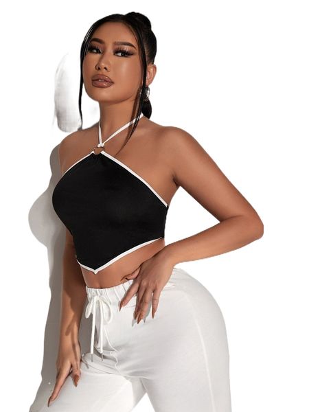 

o-ring linked contrast binding tie backless halter s0xp#, White