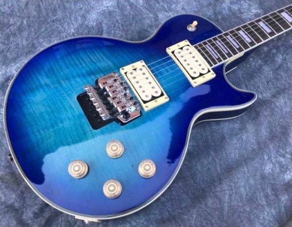 

blue lp electric guitar fingerboard rosewood a flame maple hardware chrome bridge tremolo